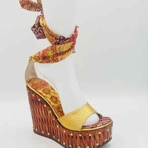 Giuseppe Zanotti Gold and Brown Wedge Sandals with Scarf Ankle Tie